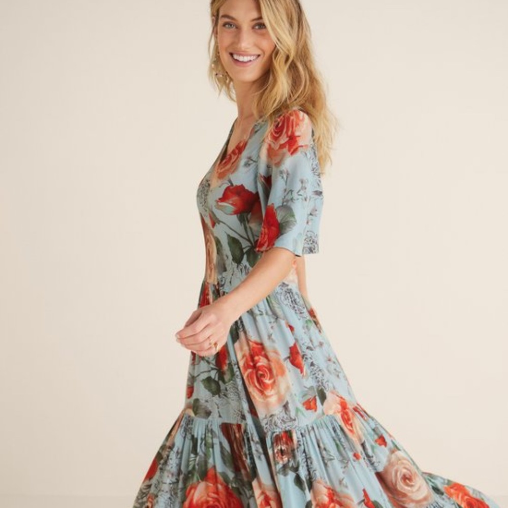 Soft Surroundings Blue Floral Maxi Dress with Red Roses